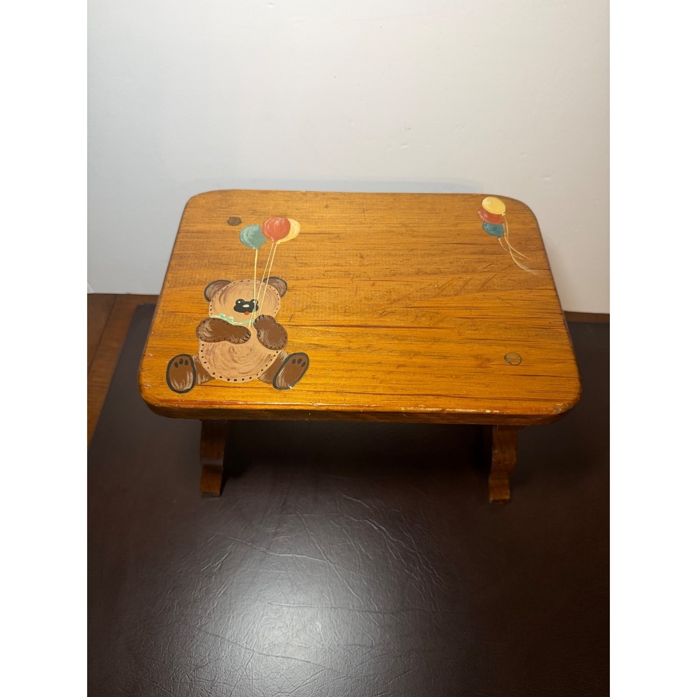 Vintage Handmade Wooden Child's Step Stool Teddy Bear Folk Art 1986
